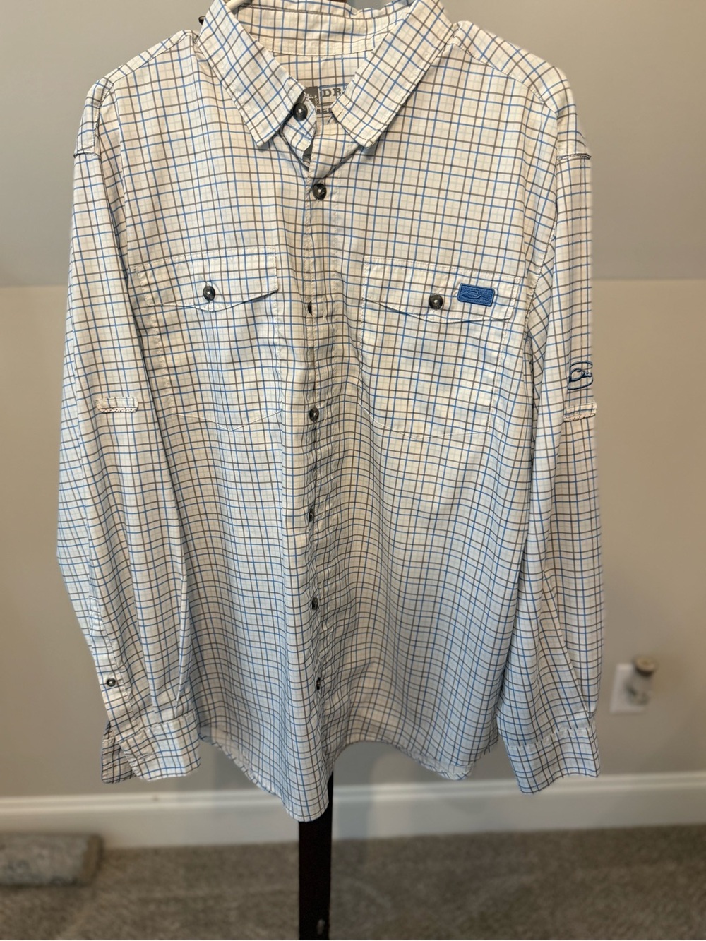 Drake Men’s White and Blue Grid Button-Down Shirt